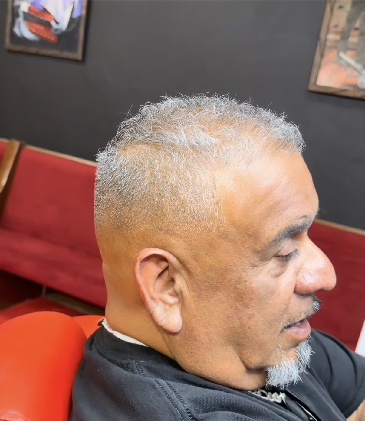 Mature client gray-hair fade styling